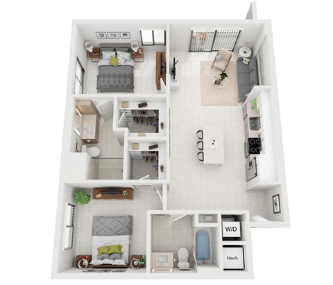Floor plan for 2 beds, 2 baths, 1025 sqft